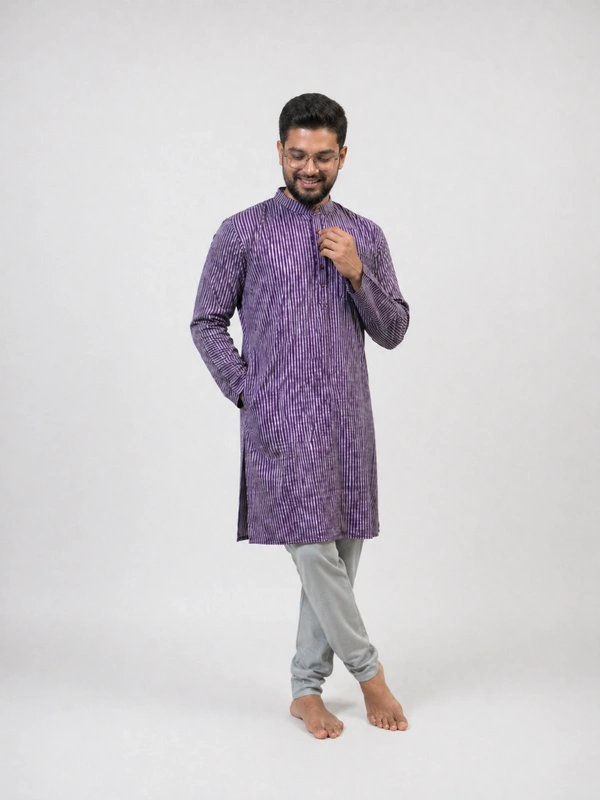 SKU1617 : Men’s Khadi Cotton Panjabi – Handwoven Striped Ethnic Wear | Festive & Casual Traditional Punjabi for Men - Royal Purple
