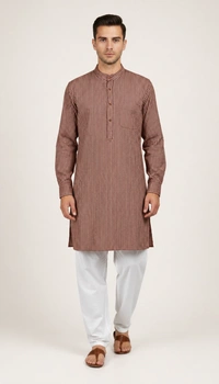 SKU1616 : Men’s Khadi Cotton Panjabi – Handwoven Striped Ethnic Wear | Festive & Casual Traditional Punjabi for Men - Brown