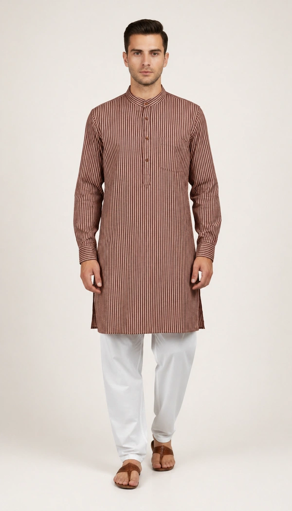 SKU1616 : Men’s Khadi Cotton Panjabi – Handwoven Striped Ethnic Wear | Festive & Casual Traditional Punjabi for Men - Brown