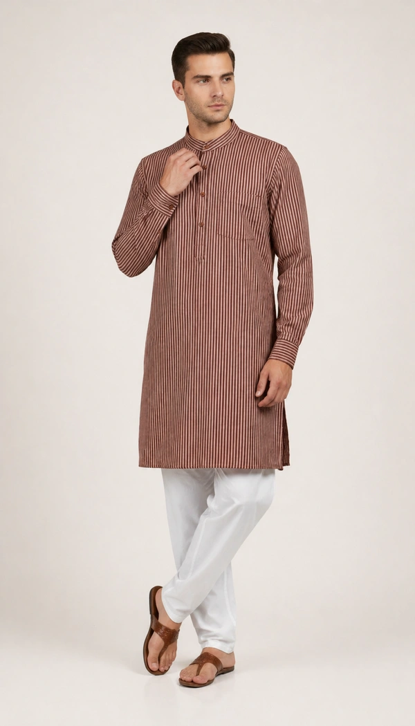 SKU1596 : Men’s Khadi Cotton Panjabi – Handwoven Striped Ethnic Wear | Festive & Casual Traditional Punjabi for Men