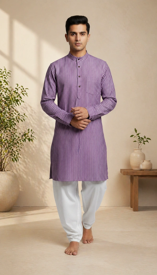 SKU1596 : Men’s Khadi Cotton Panjabi – Handwoven Striped Ethnic Wear | Festive & Casual Traditional Punjabi for Men