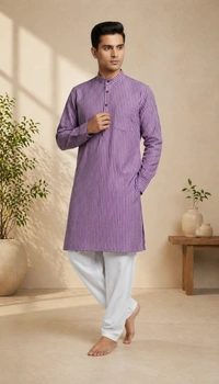 SKU1618 : Men’s Khadi Cotton Panjabi – Handwoven Striped Ethnic Wear | Festive & Casual Traditional Punjabi for Men - Purple