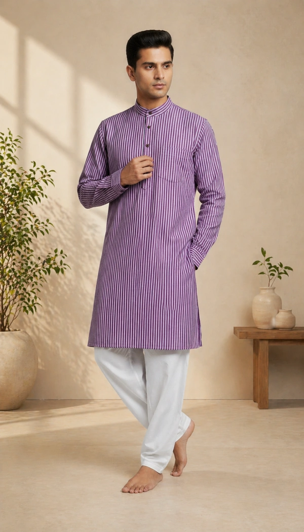SKU1618 : Men’s Khadi Cotton Panjabi – Handwoven Striped Ethnic Wear | Festive & Casual Traditional Punjabi for Men - Purple