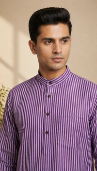 SKU1618 : Men’s Khadi Cotton Panjabi – Handwoven Striped Ethnic Wear | Festive & Casual Traditional Punjabi for Men - Purple