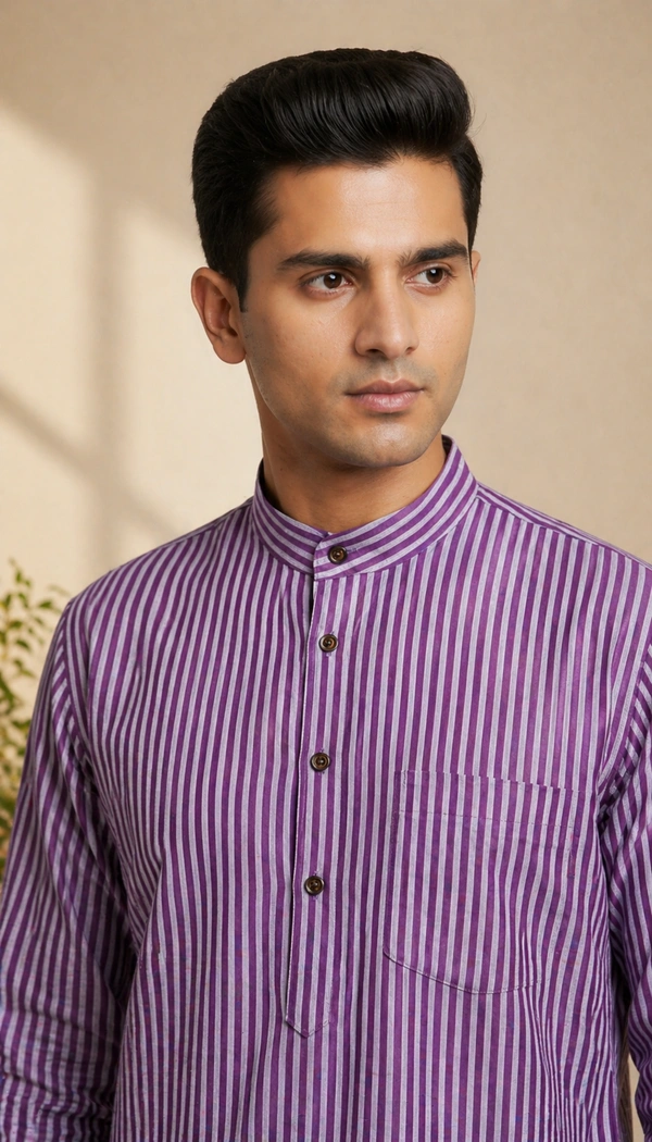 SKU1618 : Men’s Khadi Cotton Panjabi – Handwoven Striped Ethnic Wear | Festive & Casual Traditional Punjabi for Men - Purple