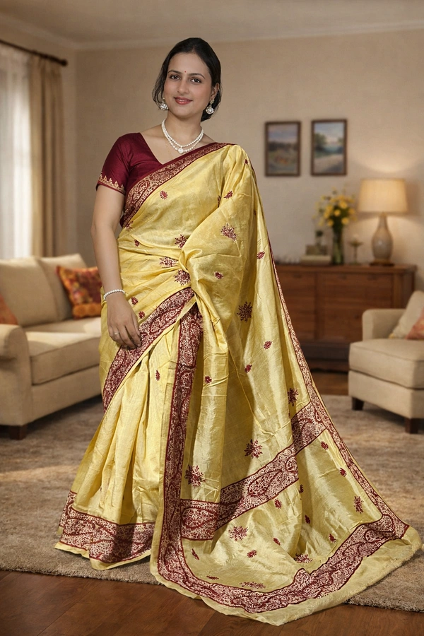 SKU1529 : Pure Silk Saree with Kashmiri Stitch Work | Luxury Handcrafted Festive & Wedding Wear