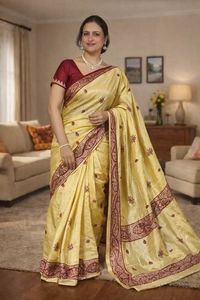 SKU1529 : Pure Silk Saree with Kashmiri Stitch Work | Luxury Handcrafted Festive & Wedding Wear - Dry Clean, Yes