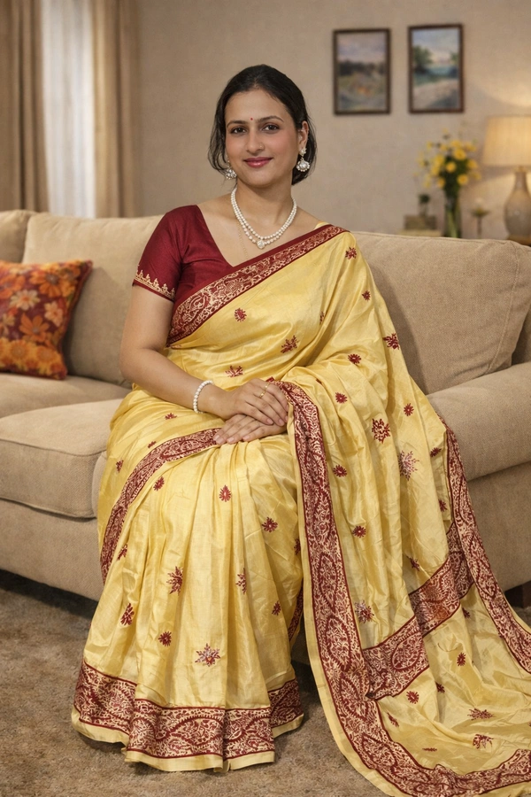 SKU1529 : Pure Silk Saree with Kashmiri Stitch Work | Luxury Handcrafted Festive & Wedding Wear - Dry Clean, Yes