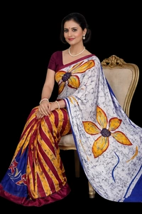 SKU1515 : Mulmul Cotton Saree with Hand Batik Print | Soft Lightweight Daily & Festive Wear Saree - Hand Wash, Yes