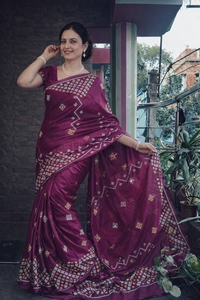 SKU1516 : Sonamukhi Silk Saree with Traditional Gujarati Handwork | Elegant Festive & Wedding Ethnic Wear