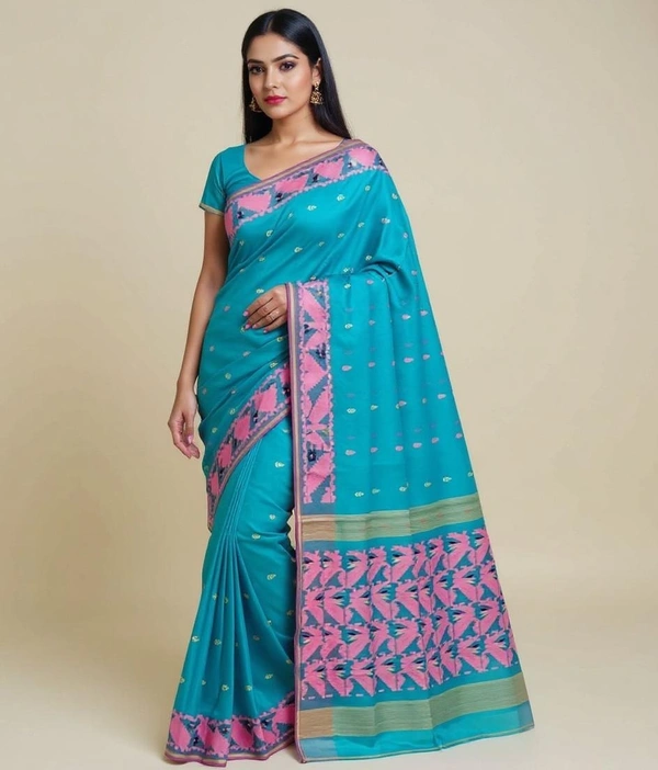  SKU1176 : Elegant Cotton Blend Dhakai Jamdani Saree | Hand Woven - Hand Wash, No