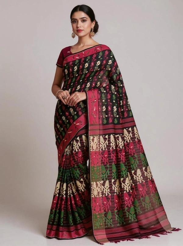  SKU1177 : Elegant Cotton Blend Dhakai Jamdani Saree | Patli Pallu Design - Hand Wash, Yes