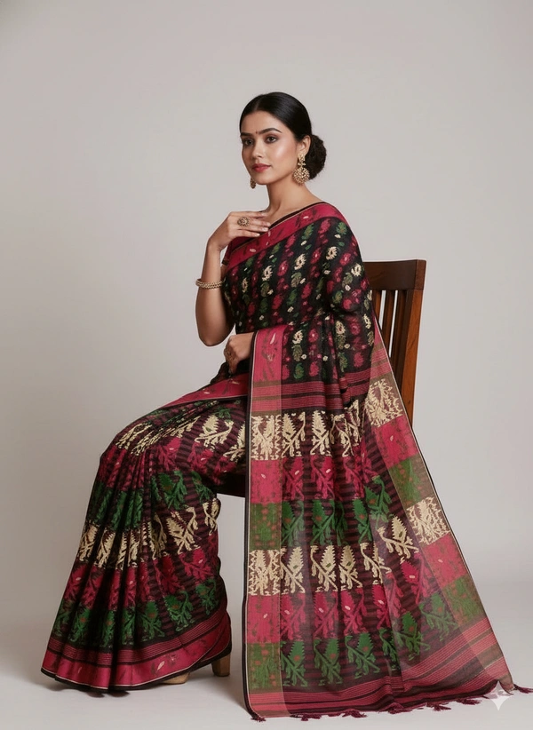  SKU1177 : Elegant Cotton Blend Dhakai Jamdani Saree | Patli Pallu Design - Hand Wash, Yes
