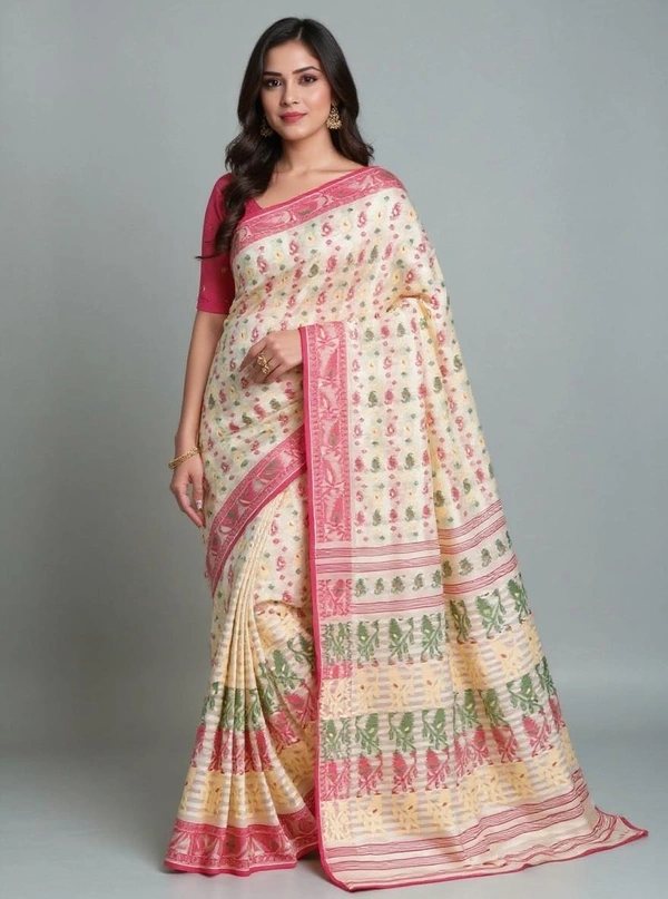 SKU1179 : Elegant Cotton Blend Dhakai Jamdani Saree | Patli Pallu Design - Hand Wash, Yes