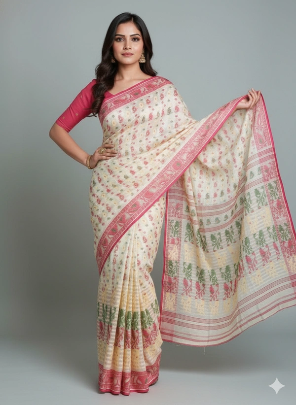 SKU1179 : Elegant Cotton Blend Dhakai Jamdani Saree | Patli Pallu Design - Hand Wash, Yes