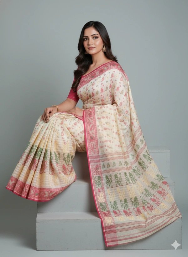 SKU1179 : Elegant Cotton Blend Dhakai Jamdani Saree | Patli Pallu Design - Hand Wash, Yes