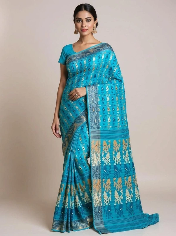 SKU1180 : Elegant Cotton Blend Dhakai Jamdani Saree | Patli Pallu Design - Hand Wash, Yes
