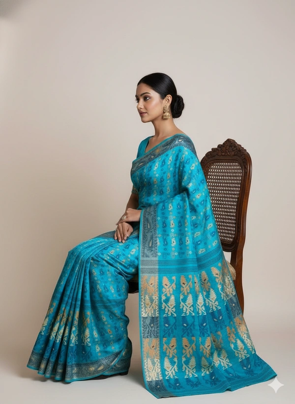 SKU1180 : Elegant Cotton Blend Dhakai Jamdani Saree | Patli Pallu Design - Hand Wash, Yes