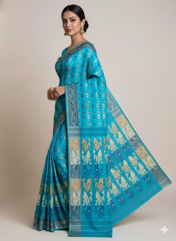 SKU1180 : Elegant Cotton Blend Dhakai Jamdani Saree | Patli Pallu Design - Hand Wash, Yes