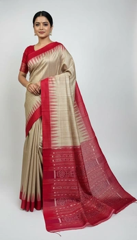 SKU1512 : Ketia Tussar Silk Saree with Traditional Gujarati Handwork - Dry Wash, Yes
