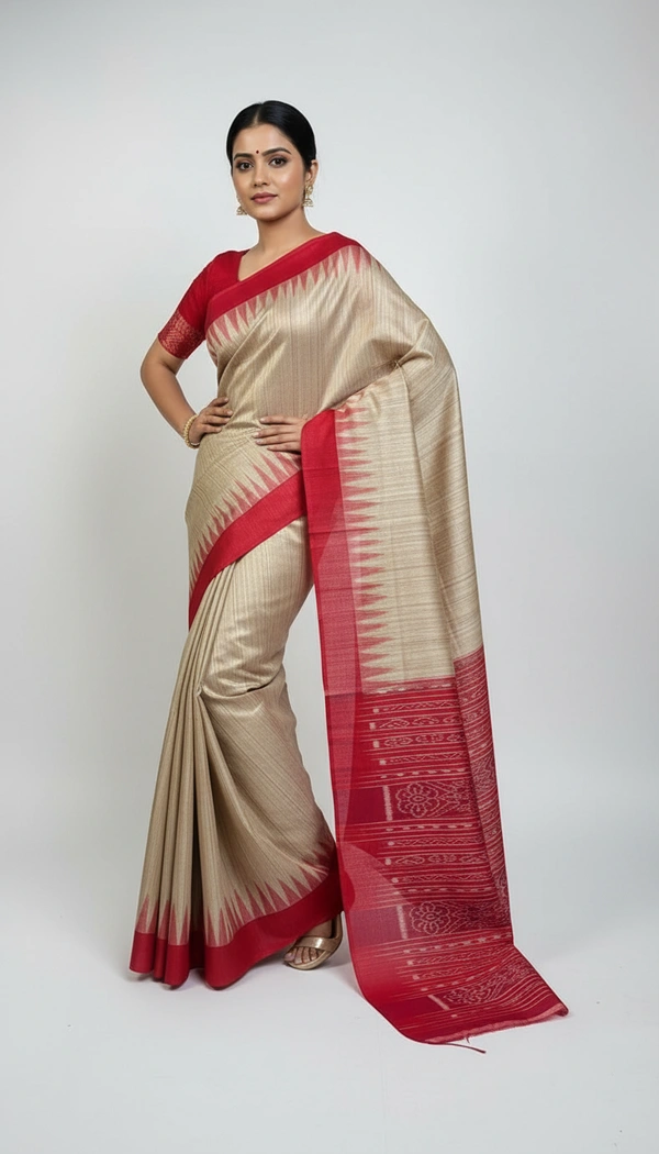 SKU1512 : Ketia Tussar Silk Saree with Traditional Gujarati Handwork - Dry Wash, Yes