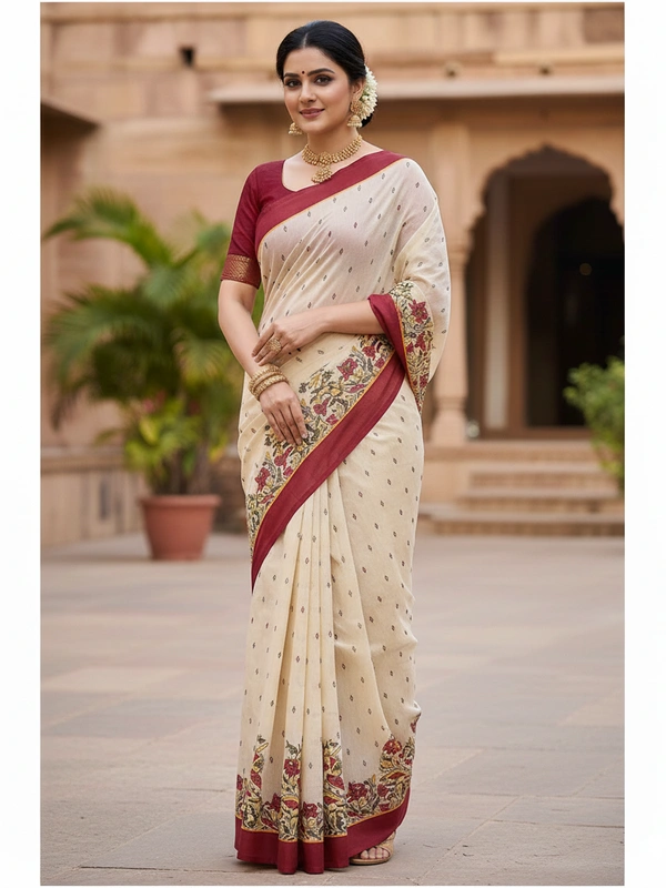 SKU0833 : Staple Cotton Saree – Machine Woven, Lightweight & Breathable Fabric - Hand Wash, Yes