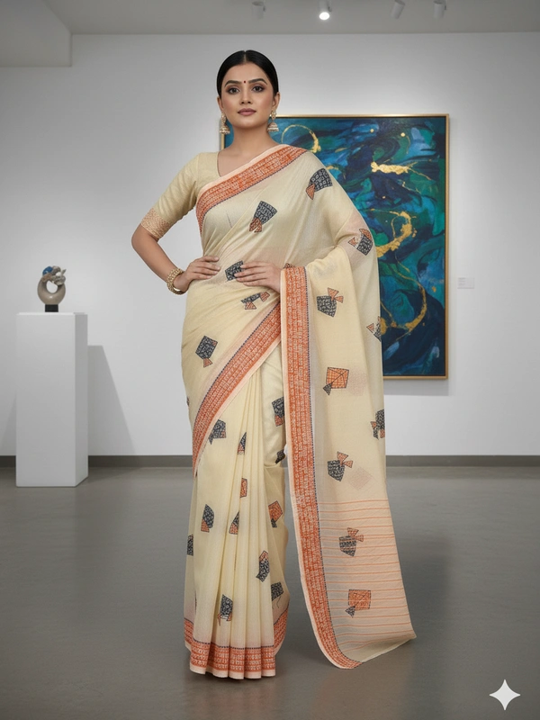 SKU0835 : Staple Cotton Saree – Machine Woven, Lightweight & Breathable Fabric - Hand Wash, Yes