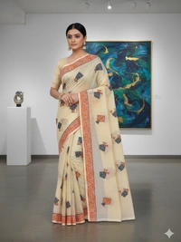 SKU0835 : Staple Cotton Saree – Machine Woven, Lightweight & Breathable Fabric - Hand Wash, Yes