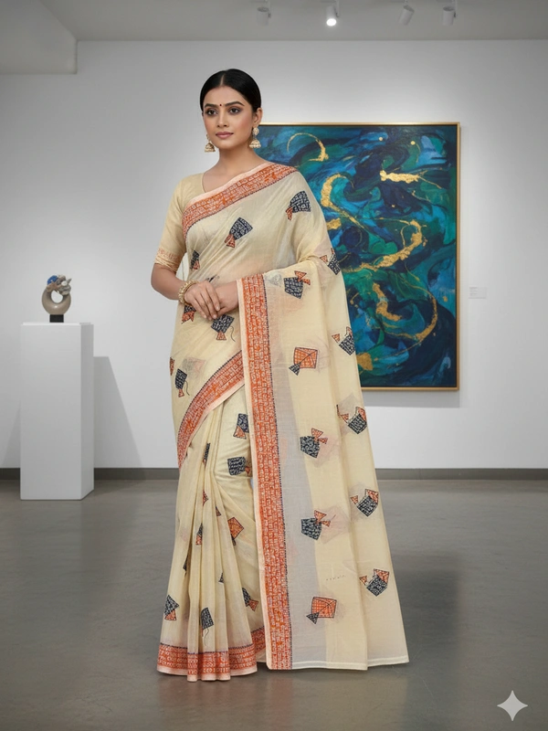 SKU0835 : Staple Cotton Saree – Machine Woven, Lightweight & Breathable Fabric - Hand Wash, Yes