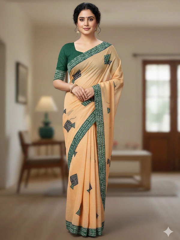 SKU0836 : Staple Cotton Saree – Machine Woven, Lightweight & Breathable Fabric - Hand Wash, Yes