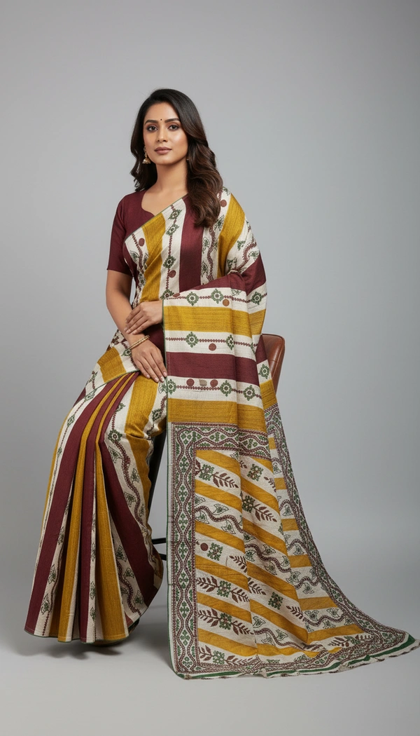 SKU1513 : Tussar Silk Saree with Traditional Gujarati Handwork | Elegant Festive & Wedding Wear Saree - Dry Clean, Yes