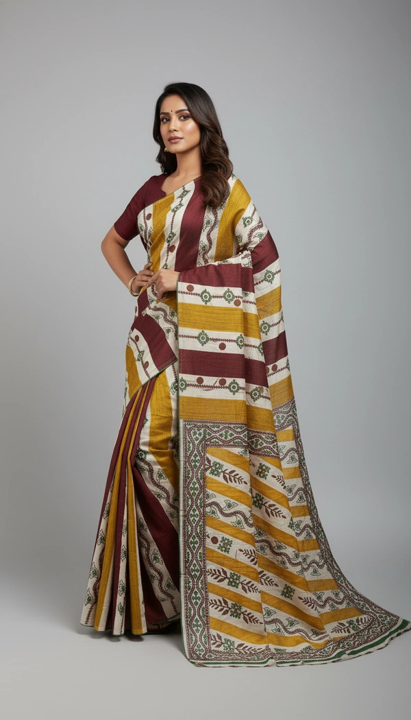 SKU1513 : Tussar Silk Saree with Traditional Gujarati Handwork | Elegant Festive & Wedding Wear Saree - Dry Clean, Yes