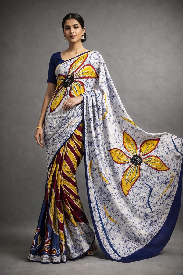 SKU1515 : Mulmul Cotton Saree with Hand Batik Print | Soft Lightweight Daily & Festive Wear Saree - Dry Clean, Yes