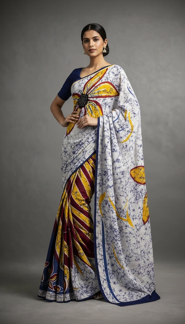 SKU1515 : Mulmul Cotton Saree with Hand Batik Print | Soft Lightweight Daily & Festive Wear Saree - Dry Clean, Yes