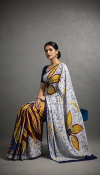 SKU1515 : Mulmul Cotton Saree with Hand Batik Print | Soft Lightweight Daily & Festive Wear Saree - Dry Clean, Yes