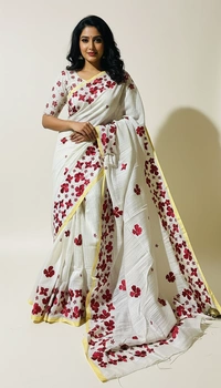 SKU1524 : Linen Saree with Embroidery Work | Lightweight Elegant Festive & Ethnic Wear - Dry Clean, Yes