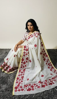 SKU1524 : Linen Saree with Embroidery Work | Lightweight Elegant Festive & Ethnic Wear - Dry Clean, Yes