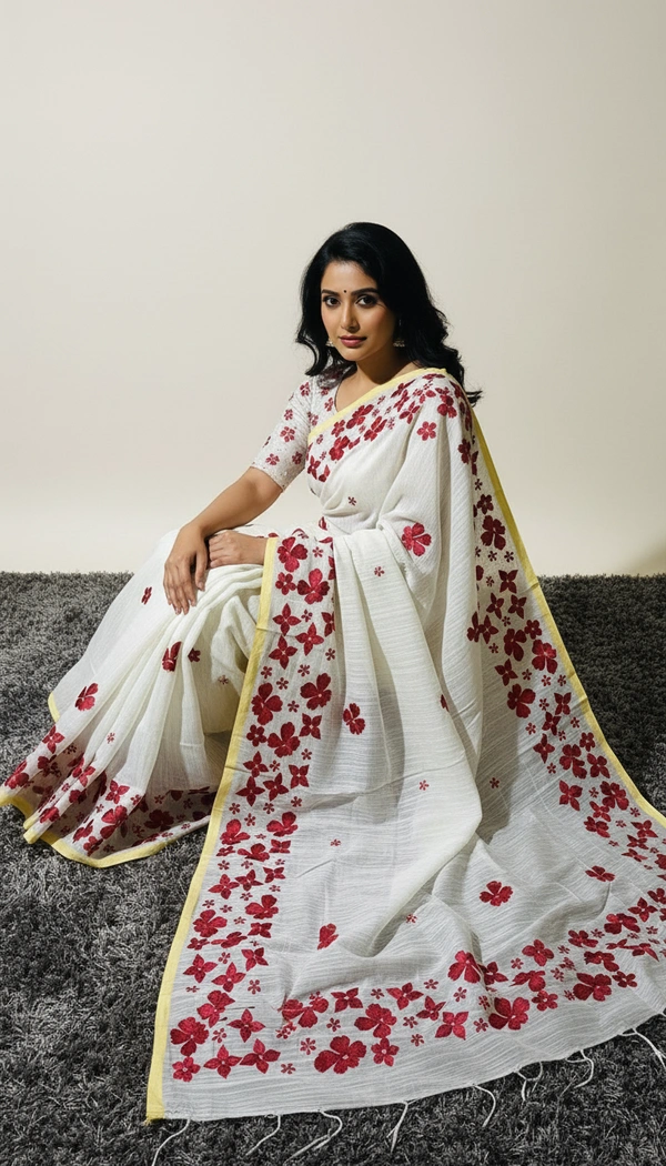 SKU1524 : Linen Saree with Embroidery Work | Lightweight Elegant Festive & Ethnic Wear - Dry Clean, Yes