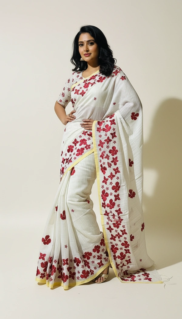 SKU1524 : Linen Saree with Embroidery Work | Lightweight Elegant Festive & Ethnic Wear - Dry Clean, Yes