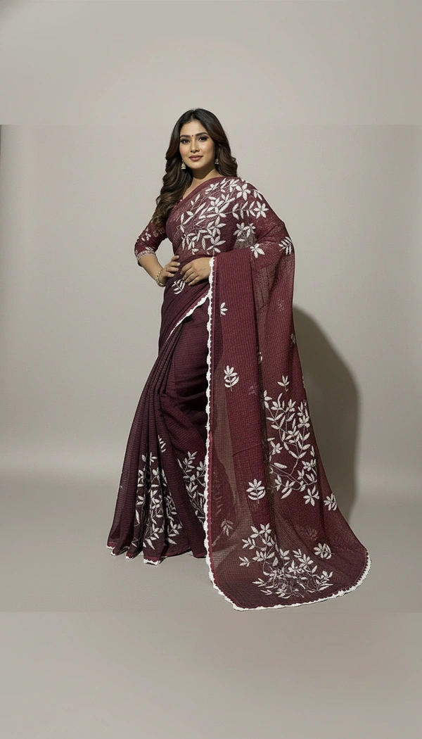 SKU1525 : Khadi Tant Saree with Kalamkari Appliqué Work | Handcrafted Traditional Ethnic & Festive Wear - Dry Clean, Yes