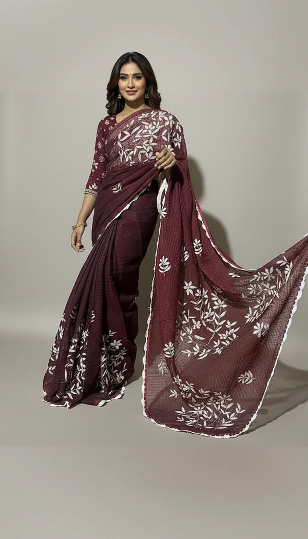 SKU1525 : Khadi Tant Saree with Kalamkari Appliqué Work | Handcrafted Traditional Ethnic & Festive Wear - Dry Clean, Yes