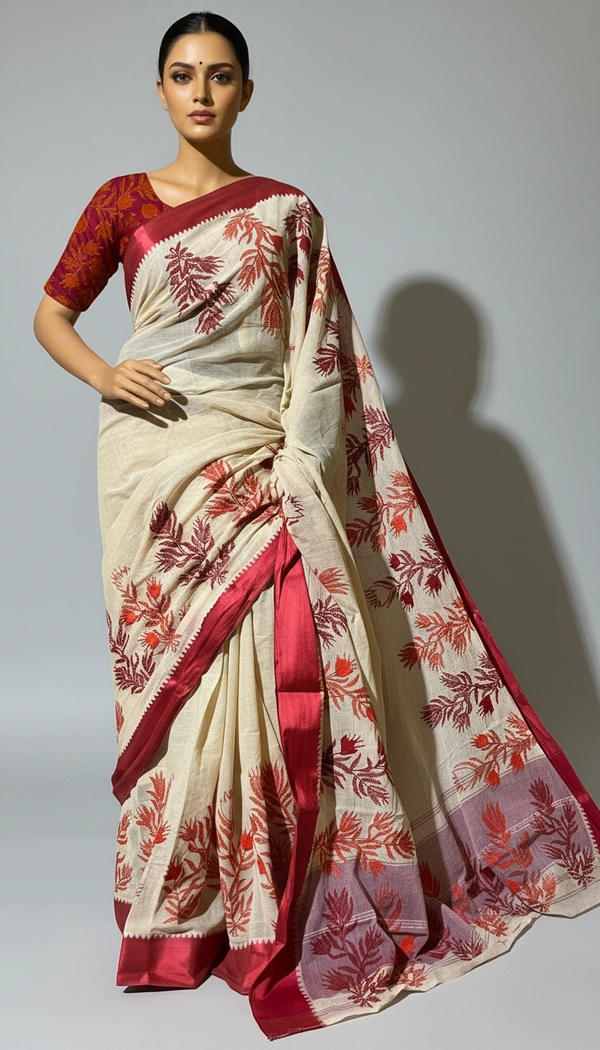 SKU1527 : Tant Saree with Kathiyawadi Hand Stitch Work & Velvet Border | Traditional Festive Ethnic Wear - Dry Clean, Yes