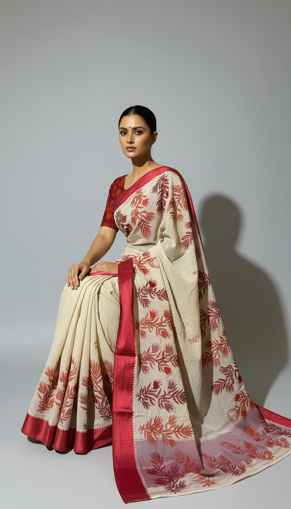 SKU1527 : Tant Saree with Kathiyawadi Hand Stitch Work & Velvet Border | Traditional Festive Ethnic Wear - Dry Clean, Yes