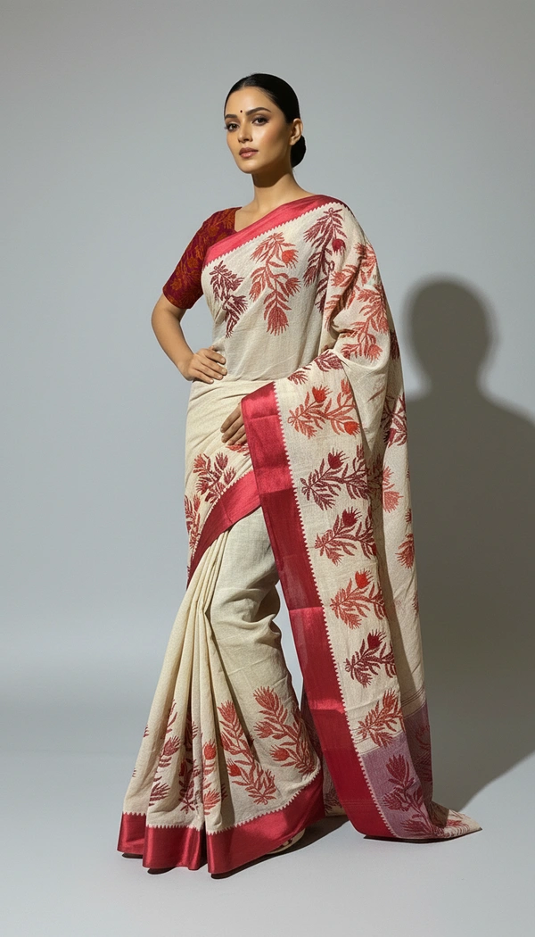 SKU1527 : Tant Saree with Kathiyawadi Hand Stitch Work & Velvet Border | Traditional Festive Ethnic Wear - Dry Clean, Yes