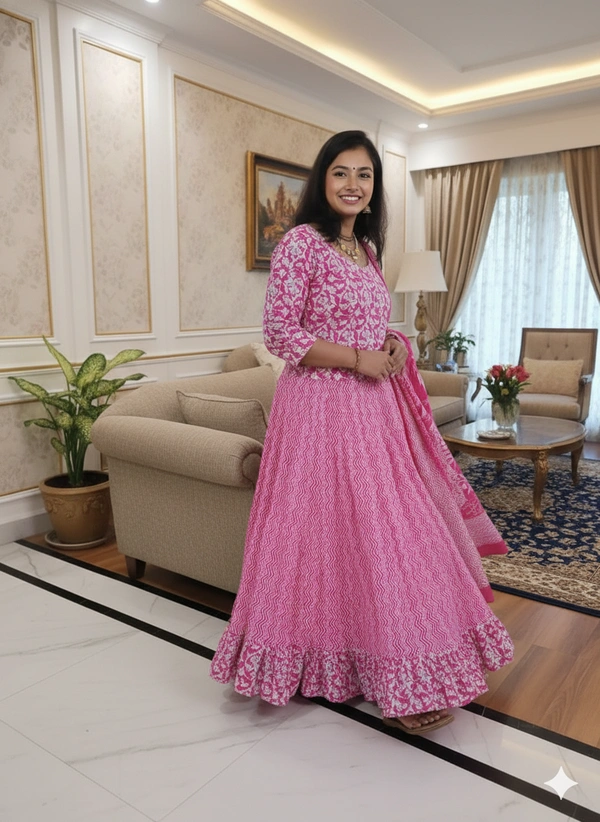 SKU1257 : GOPI DRESS | Mulmul Printed Ready to Wear Lehenga & Blouse With Dupatta for women - Hand Wash