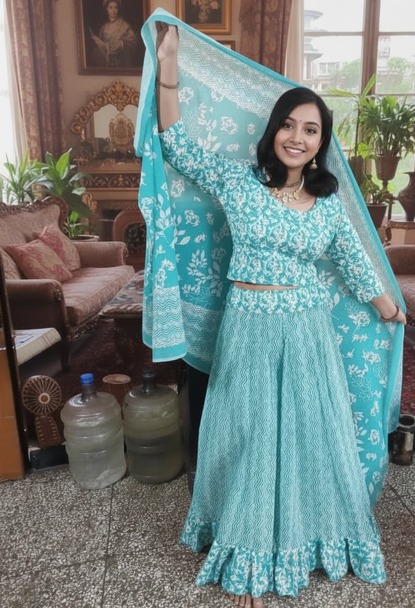 SKU1258 : GOPI DRESS | Mulmul Printed Ready to Wear Lehenga & Blouse With Dupatta for women - Hand Wash