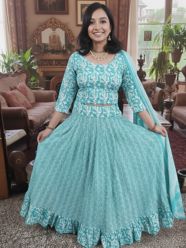 SKU1258 : GOPI DRESS | Mulmul Printed Ready to Wear Lehenga & Blouse With Dupatta for women - Hand Wash