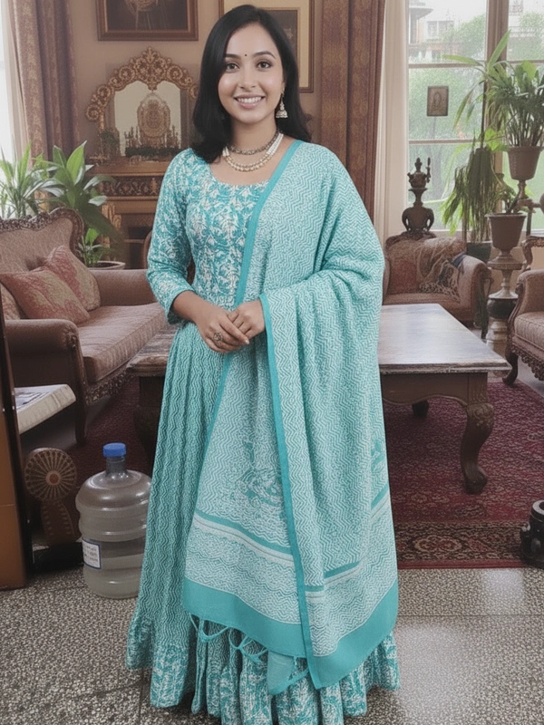 SKU1258 : GOPI DRESS | Mulmul Printed Ready to Wear Lehenga & Blouse With Dupatta for women - Hand Wash