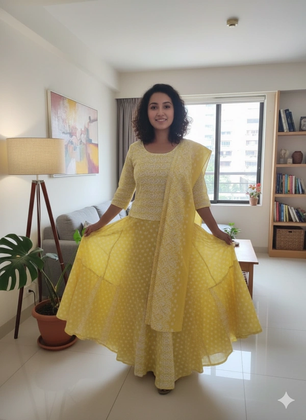 SKU1262 : GOPI DRESS | Mulmul Printed Ready to Wear Lehenga & Blouse With Dupatta for women - Hand Wash