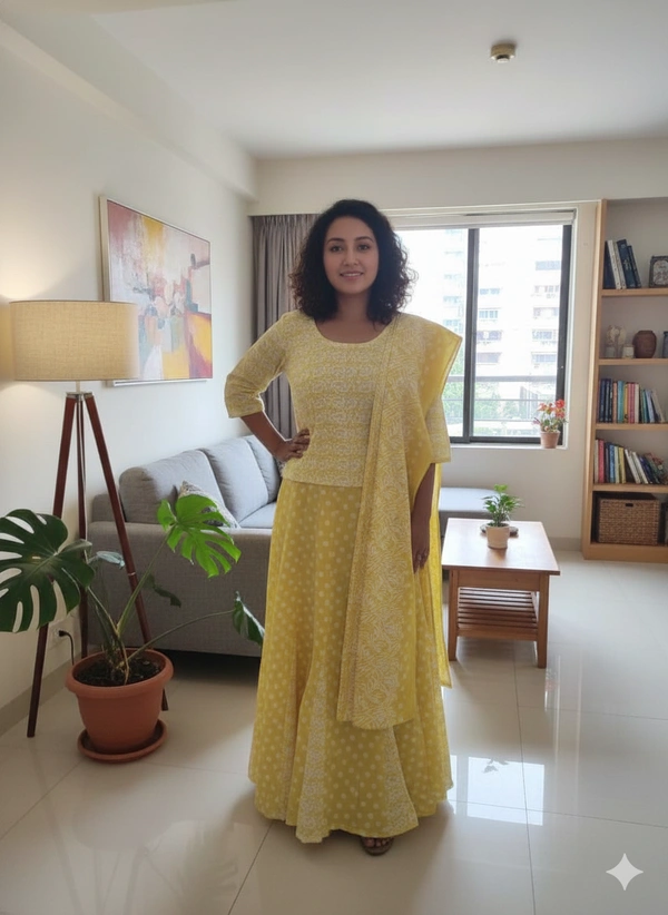 SKU1262 : GOPI DRESS | Mulmul Printed Ready to Wear Lehenga & Blouse With Dupatta for women - Hand Wash